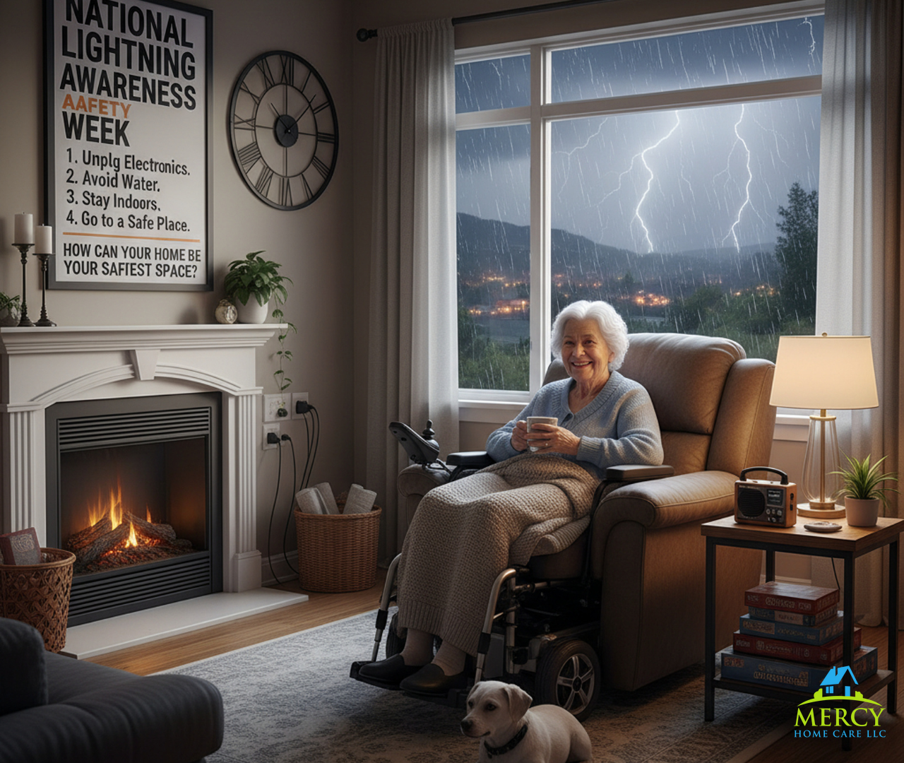 How can caregivers improve safety for seniors during National Lightning Safety Awareness Week?